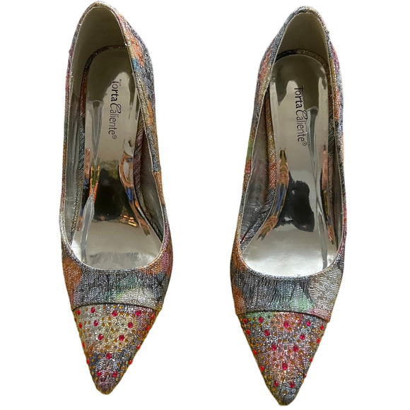 Torta Caliente Colorful and Shimmering Silver Metallic Point Toe Heels, … - Picture 3 of 6